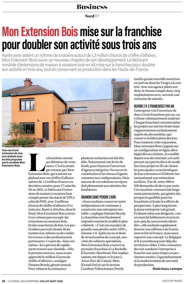 Article du Journal des Entreprises Hauts-de-France sur la stratégie de franchise de Mon Extension Bois