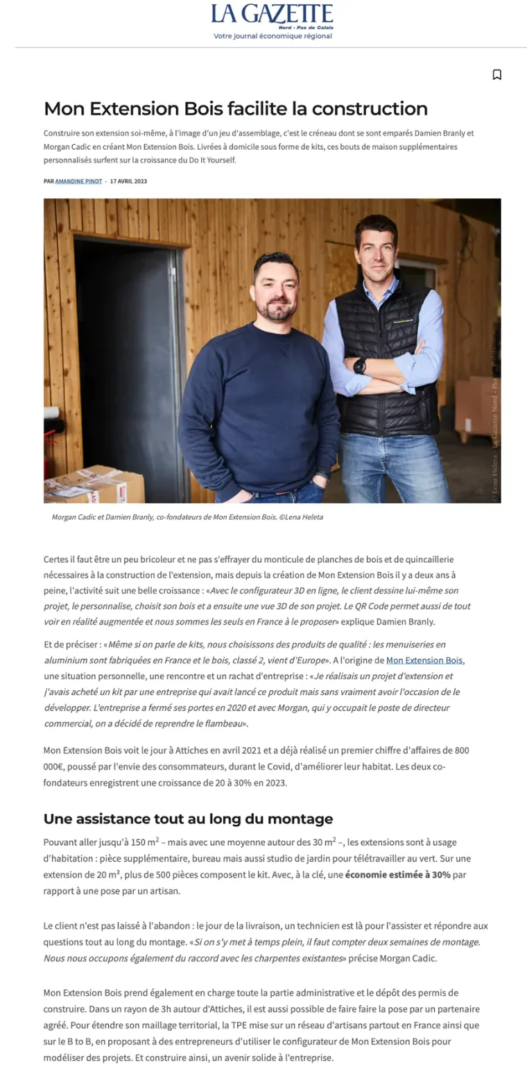 Article de La Gazette : Mon Extension Bois facilite la construction
