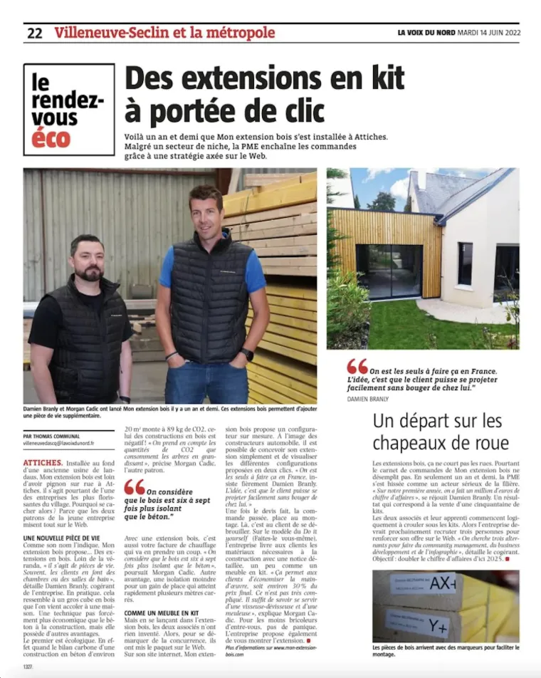 Article de La Voix du Nord sur les extensions en kit Mon Extension Bois à Attiches