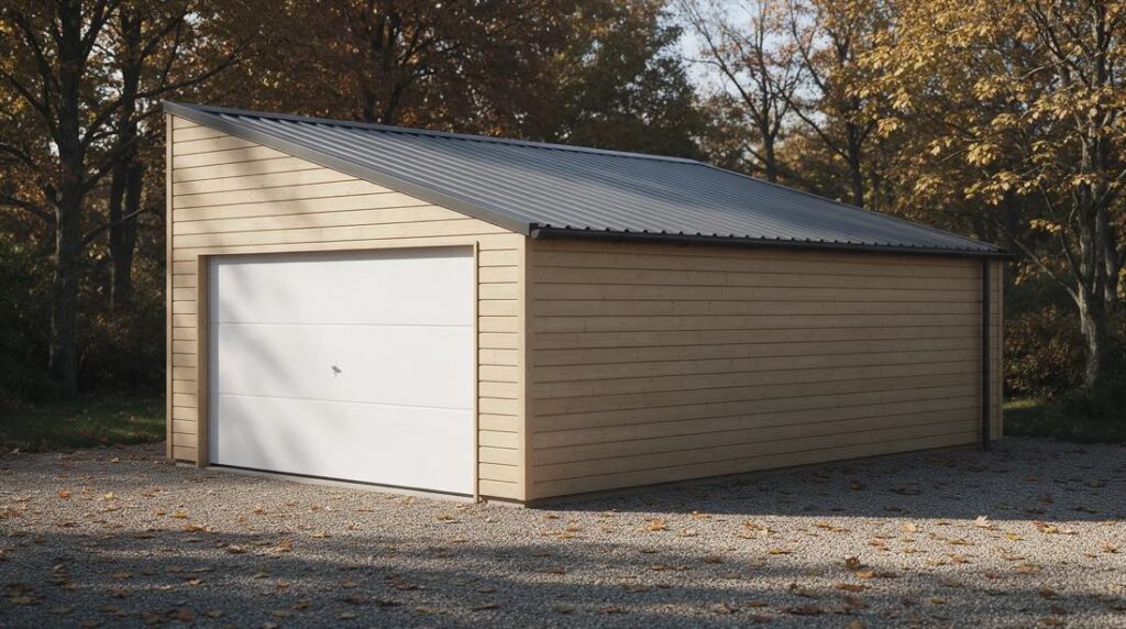 Garage bois en kit pour une voiture, bardage clair et porte basculante blanche, toiture monopente