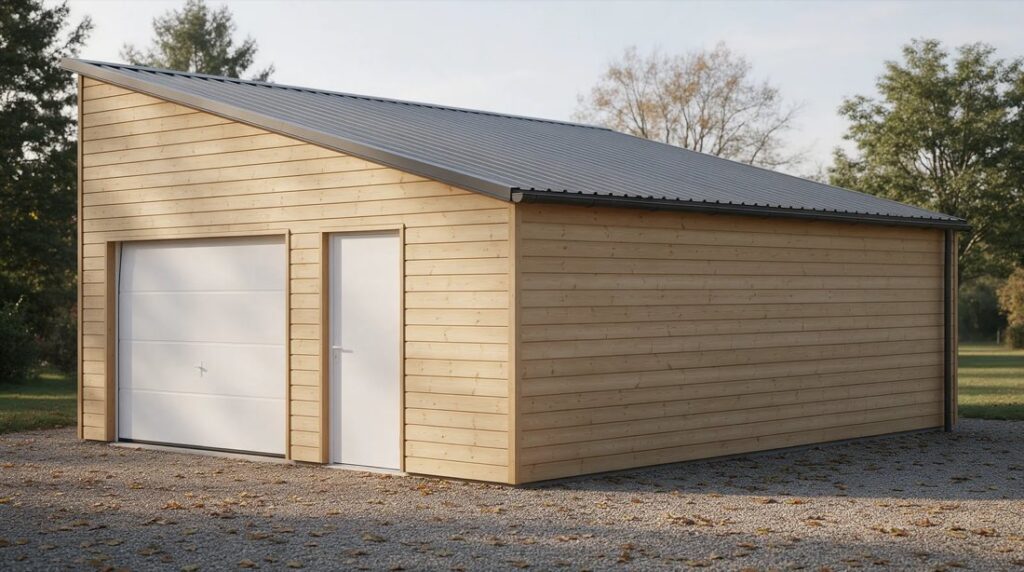 Garage bois en kit une voiture avec rangement, bardage clair, porte basculante blanche et porte de service