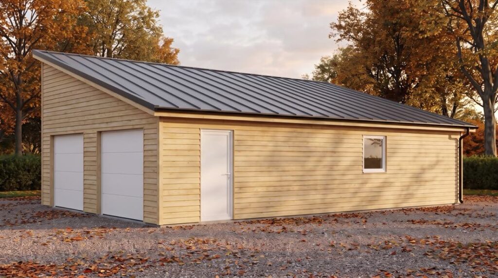 Garage bois en kit deux voitures avec atelier, volume allongé, fenêtre latérale et toiture monopente