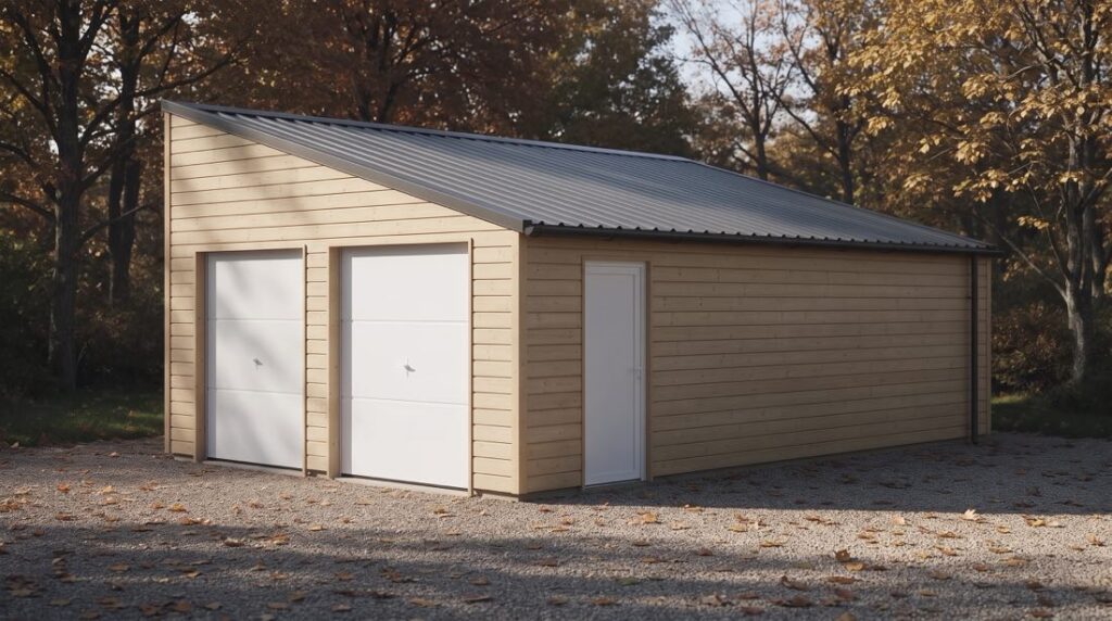 Garage bois en kit deux voitures, deux portes basculantes blanches et toiture monopente en bac acier