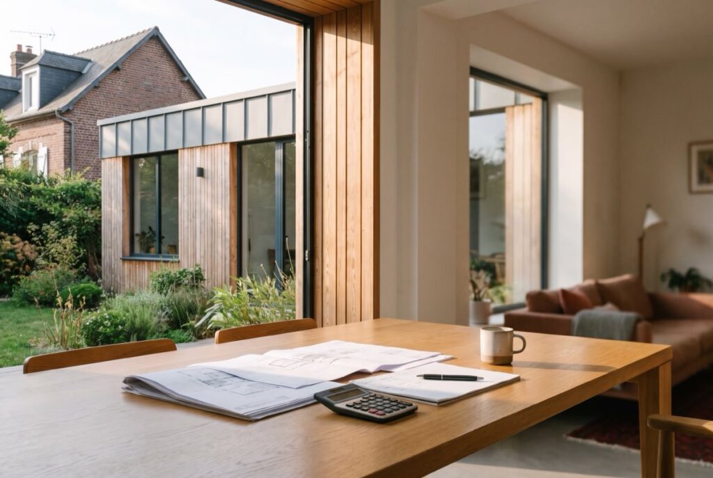 Aides pour une extension de maison en 2026 : ce qui existe vraiment (et ce qui n'existe pas) 6 Plans, devis et calculatrice sur une table pour préparer le financement d'une extension (illustration)