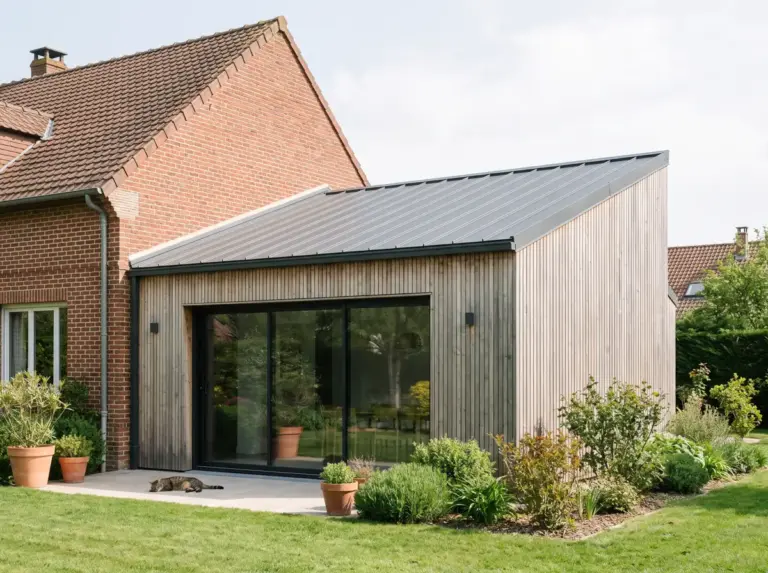 Extension maison toit plat : agrandissez en bois, en kit ou avec pose 19 Extension bois avec toit monopente en bac acier (illustration)