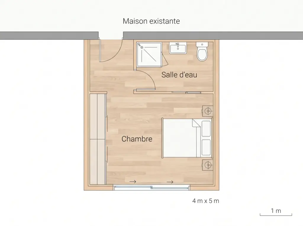 Plan d'aménagement d'une extension de 20 m² (4 x 5 m) : chambre et salle d'eau (illustration)