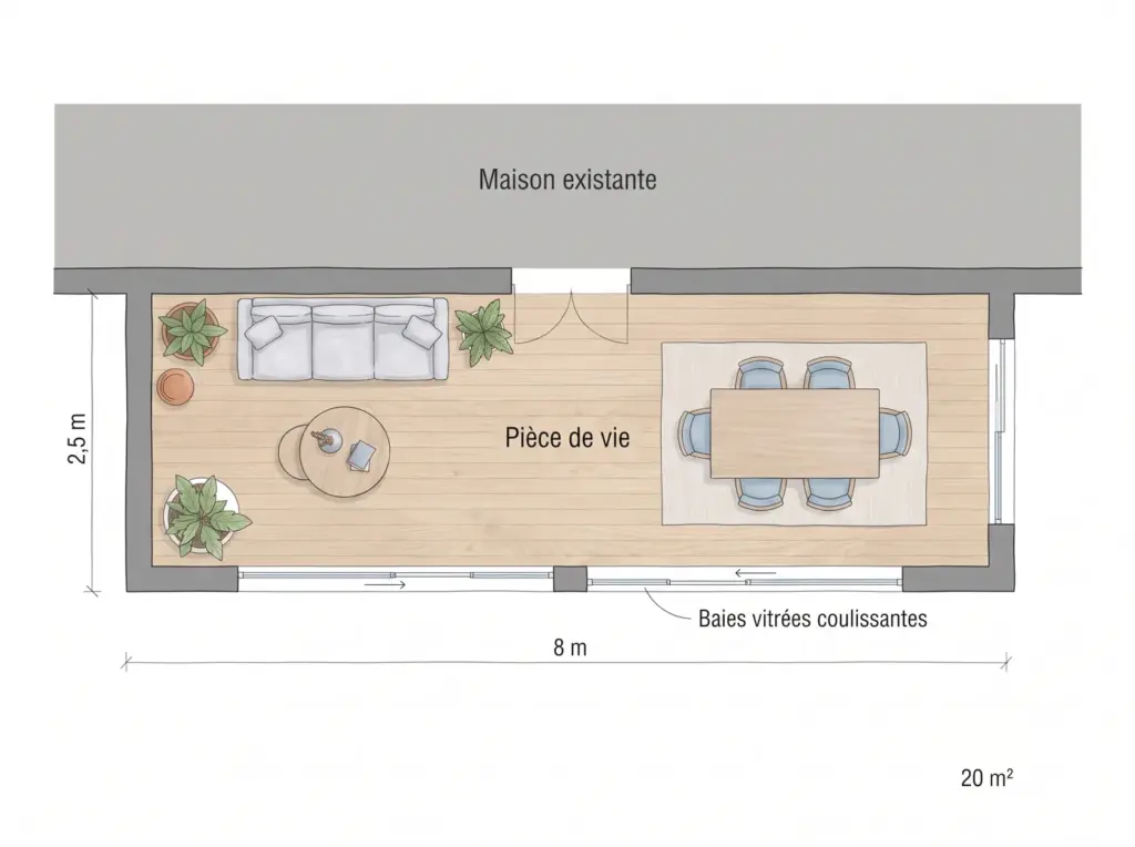 Plan d'aménagement d'une extension de 20 m² allongée le long de la façade : pièce de vie (illustration)