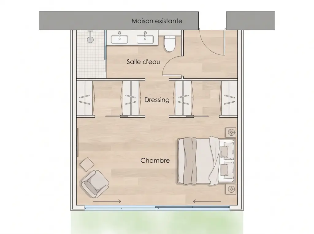 Plan d'aménagement d'une suite parentale de 20 m² : chambre, dressing et salle d'eau (illustration)