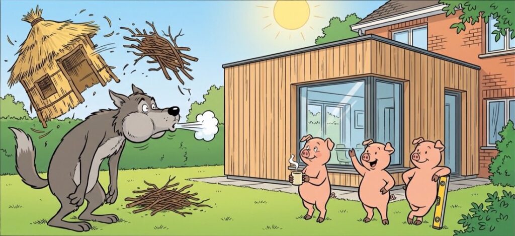 Dessin façon bande dessinée : le loup souffle sur une hutte de paille et un tas de branches qui s’envolent, tandis que les trois petits cochons sont à l’abri devant une extension en ossature bois restée intacte