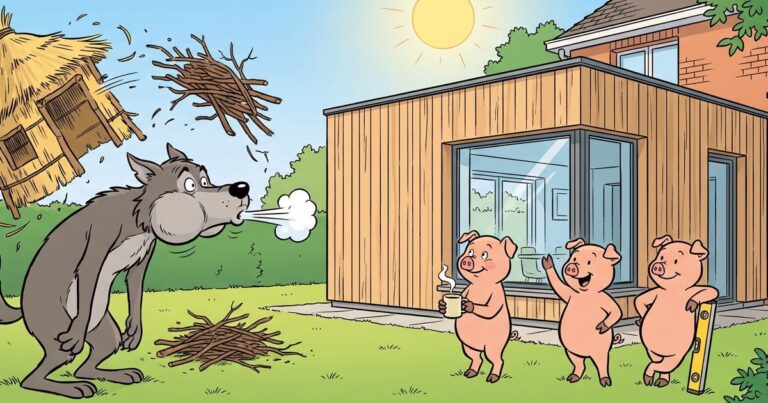 Homepage 30 Dessin façon bande dessinée : le loup souffle sur une hutte de paille et un tas de branches qui s’envolent, tandis que les trois petits cochons sont à l’abri devant une extension en ossature bois restée intacte
